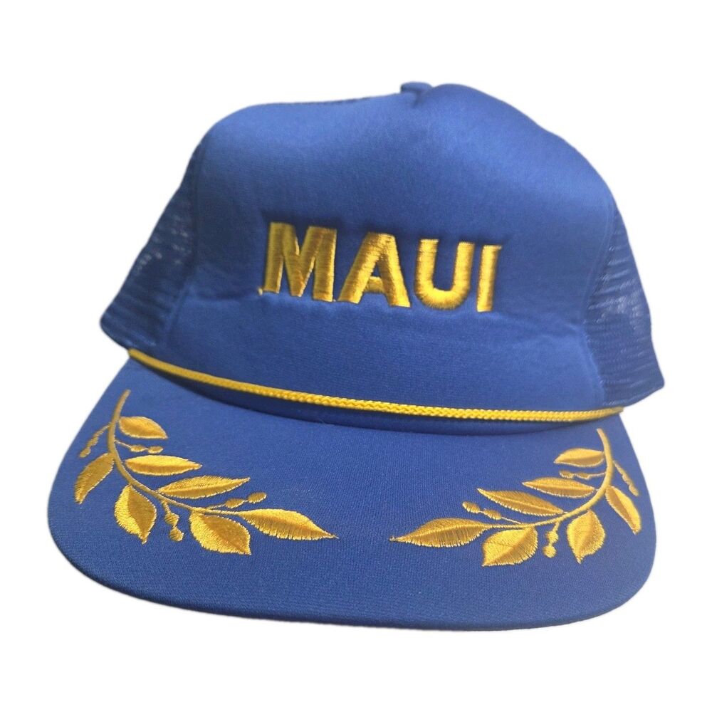 Vintage Maui Hawaii Trucker Hat Mens OSFA Royal Blue Gold Scrambled Eggs